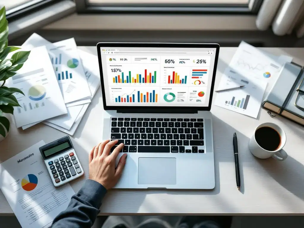Moderne bureau met laptop met kleurrijke datagrafieken, documenten met statistieken, calculator en plant in natuurlijk licht