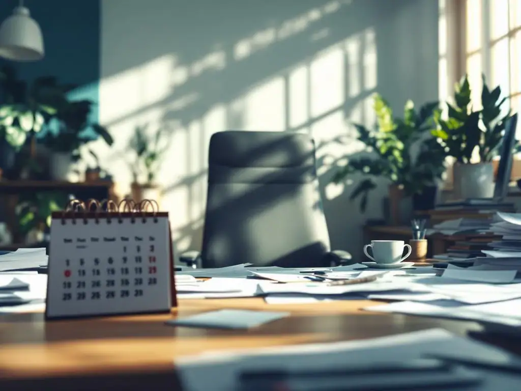 Lege bureaustoel bij rommelig bureau met ongelezen e-mails, koffiekop en kalender met ziektedagen in natuurlijk licht