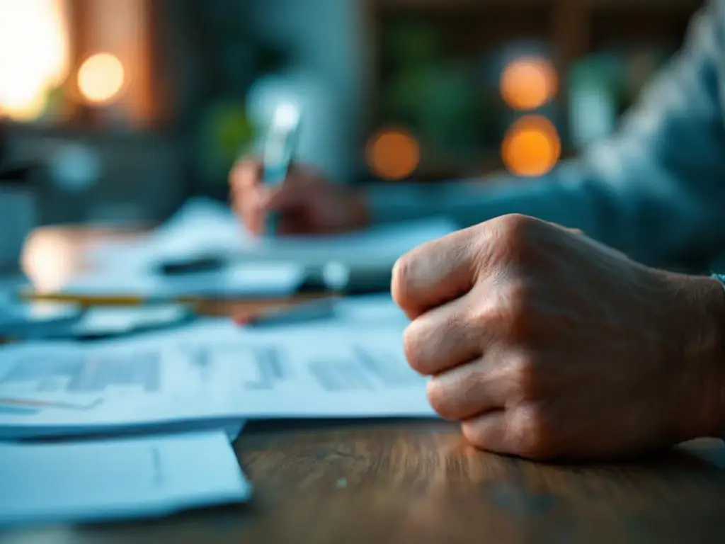 Gespannen handen grijpen bureaurand met witte knokkels, werkplek stress met computer en papieren op achtergrond