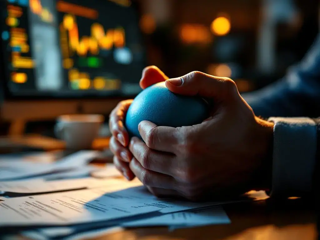 Handen die stressbal vastklemmen op rommelig bureau met kantoorpapieren, koffiekop en computer met e-mails op achtergrond