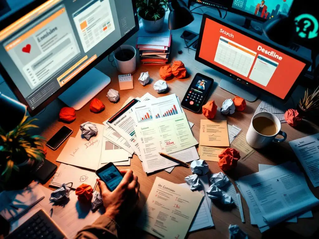 Overbelast kantoorbureau met stapels papierwerk, meerdere computerschermen met notificaties en buzzende smartphone