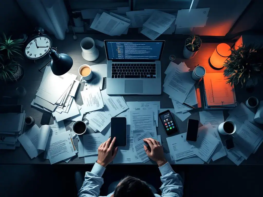 Rommelig kantoorbureau met stapels papieren, laptop vol e-mails, koffiekopjes en smartphone onder bureaulamp 's avonds laat