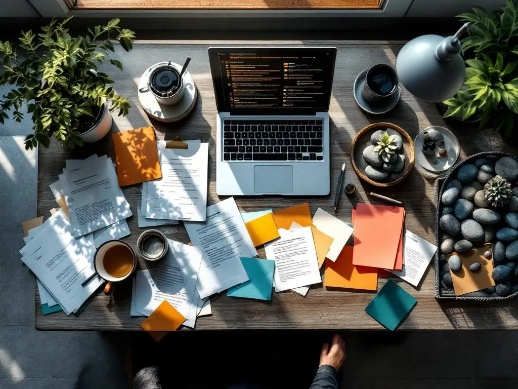 Moderne bureauopstelling met chaotische werkplek vol papieren en laptop, contrasterende met vredige zen-hoek met planten