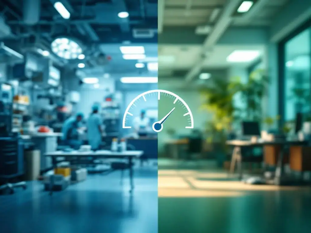 Gesplitst scherm toont stressvolle spoedeisende hulp links en rustige kantoorruimte rechts met stressmeter in het midden