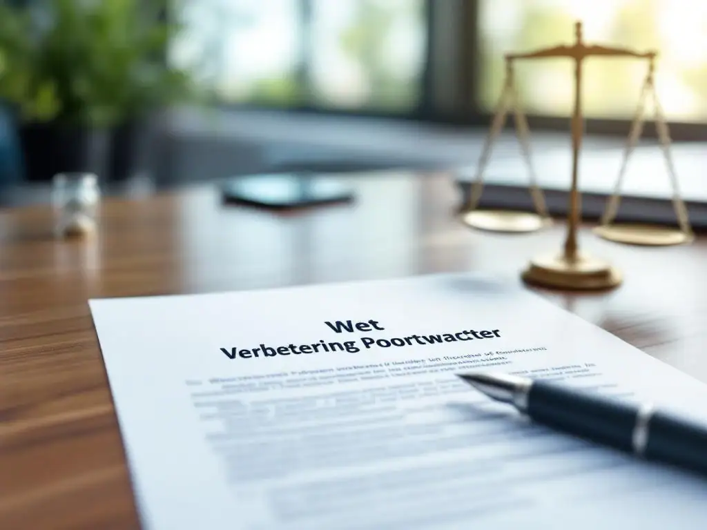 Nederlandse wet Poortwachter document op houten bureau met vulpen, weegschaal en zandloper in kantooromgeving