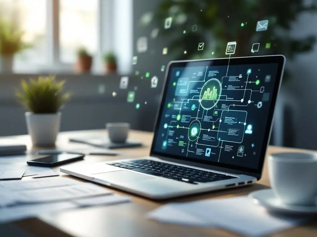 Laptop met geautomatiseerde workflow diagrammen op bureau met documenten, smartphone en koffiekop in natuurlijk licht