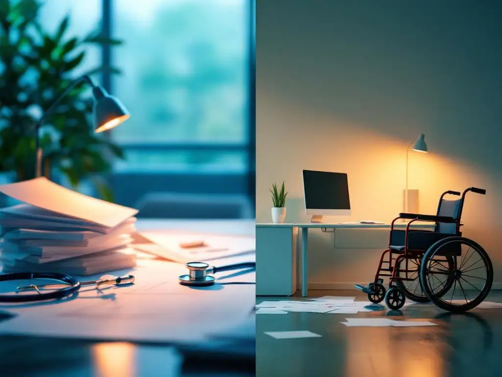 Gesplitst kantoorbeeld: links bureau met medische documenten en stethoscoop, rechts lege rolstoel bij werkstation