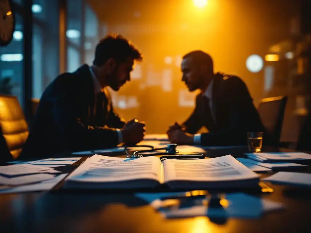 Twee zakelijke silhouetten in gespannen confrontatie over bureau met medische documenten en stethoscoop in modern kantoor