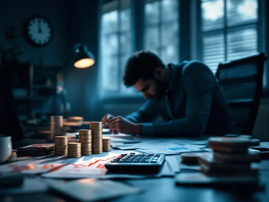Zakenman gebogen over bureau met financiële documenten, dalende eurobiljetten en negatieve cijfers op calculator