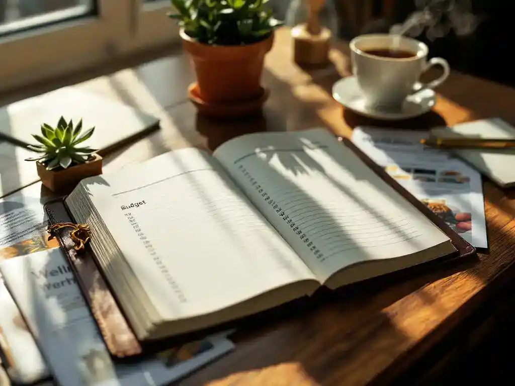 Open budget planner op houten bureau met kolommen cijfers, naast succulent plant en kruidenthee in ochtendlicht