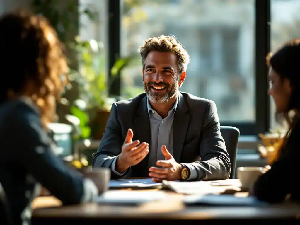 Professionele coach gebaart inclusief naar individuele klant en groep van drie personen aan moderne vergadertafel