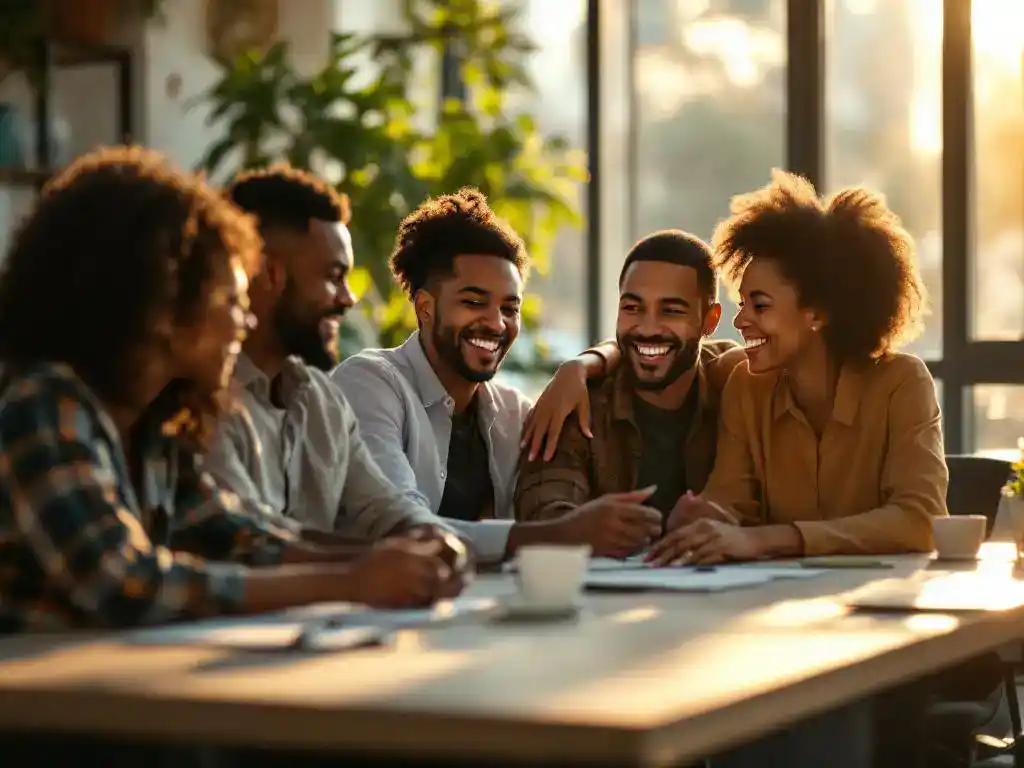 Diverse team van professionals in gesprek rond vergadertafel, ondersteunend gebaar, moderne kantooromgeving