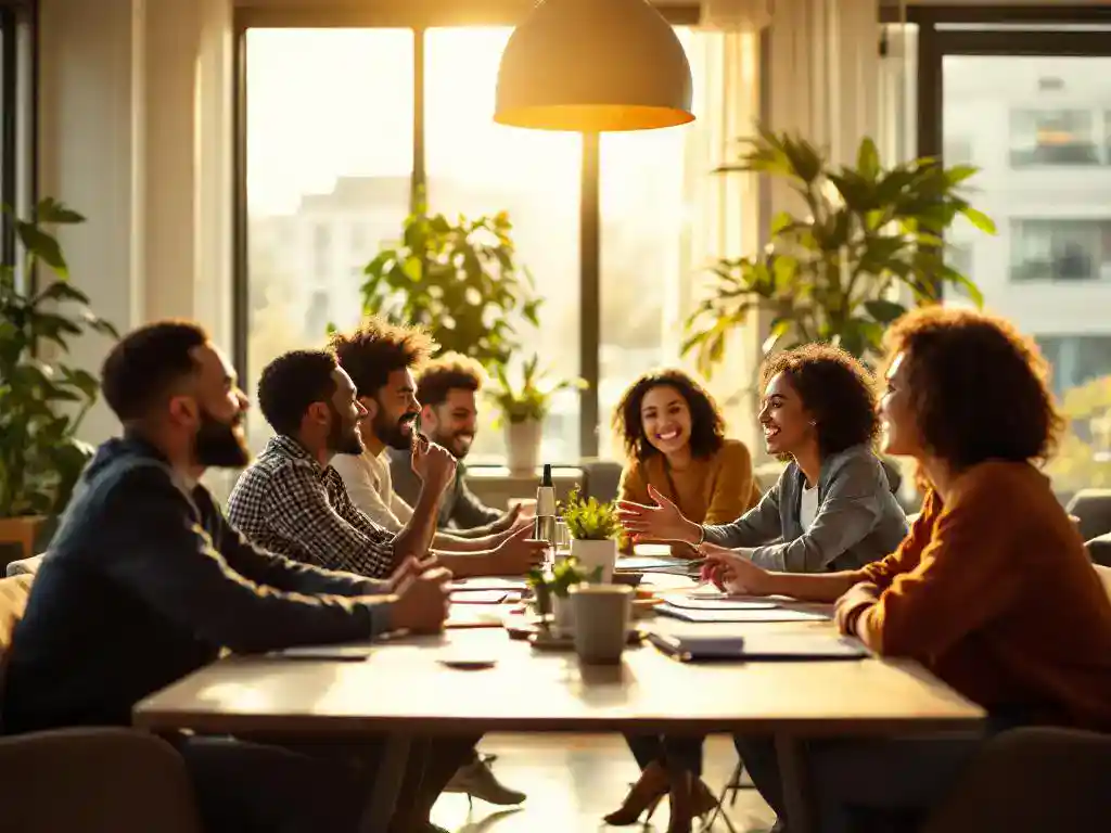 Divers team van professionals in gesprek rond moderne vergadertafel in warme, natuurlijke kantooromgeving