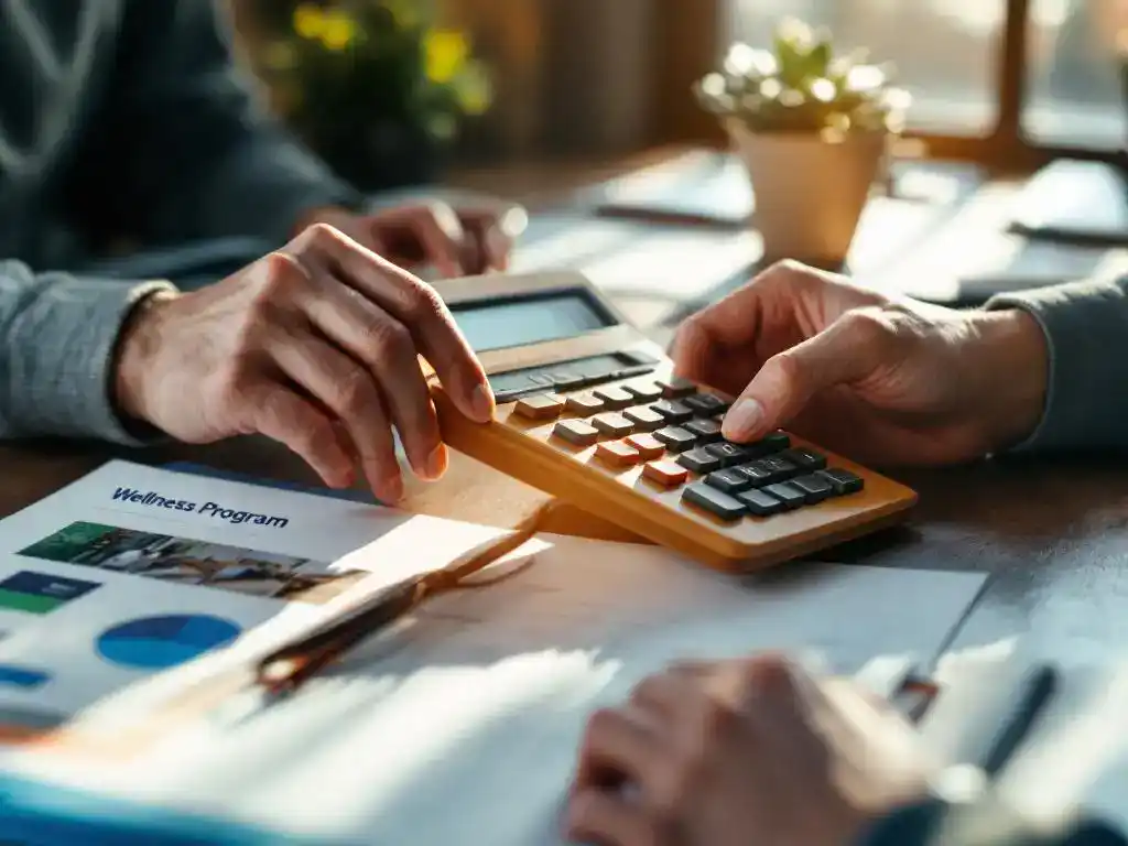 Professionele handen houden houten rekenmachine boven welzijnsprogramma brochures en financiële documenten op bureau