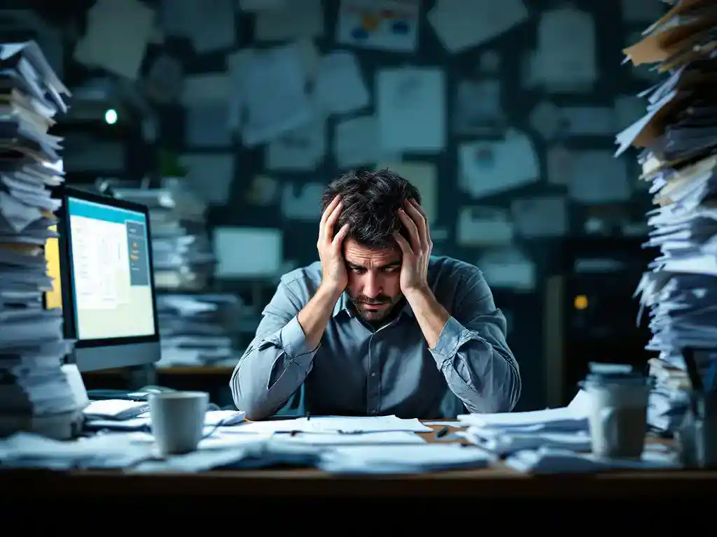 Gestresste kantoormedewerker met hoofd in handen aan rommelig bureau omringd door stapels papierwerk en computerschermen