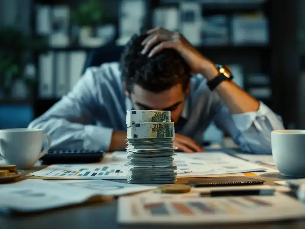 Gestresste zakenman aan bureau met financiële rapporten, stapel eurobiljetten op weegschaal en lege koffiekopjes