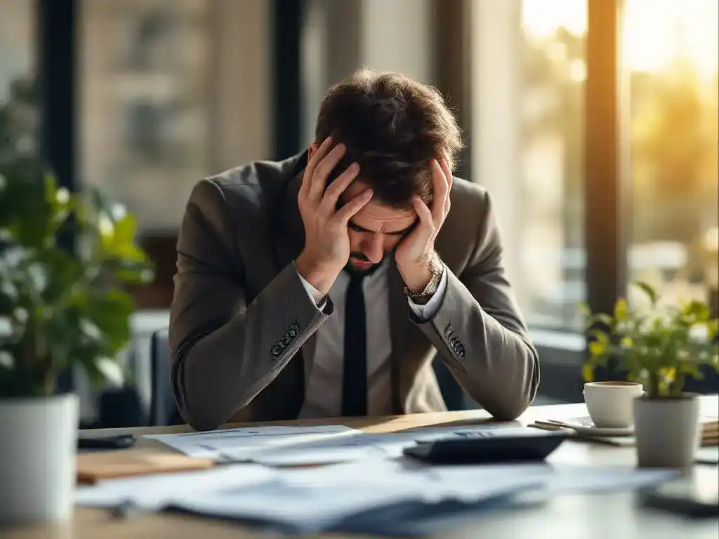 Gestresste zakenpersoon met hoofd in handen aan bureau met financiële documenten en rekenmachine in modern kantoor