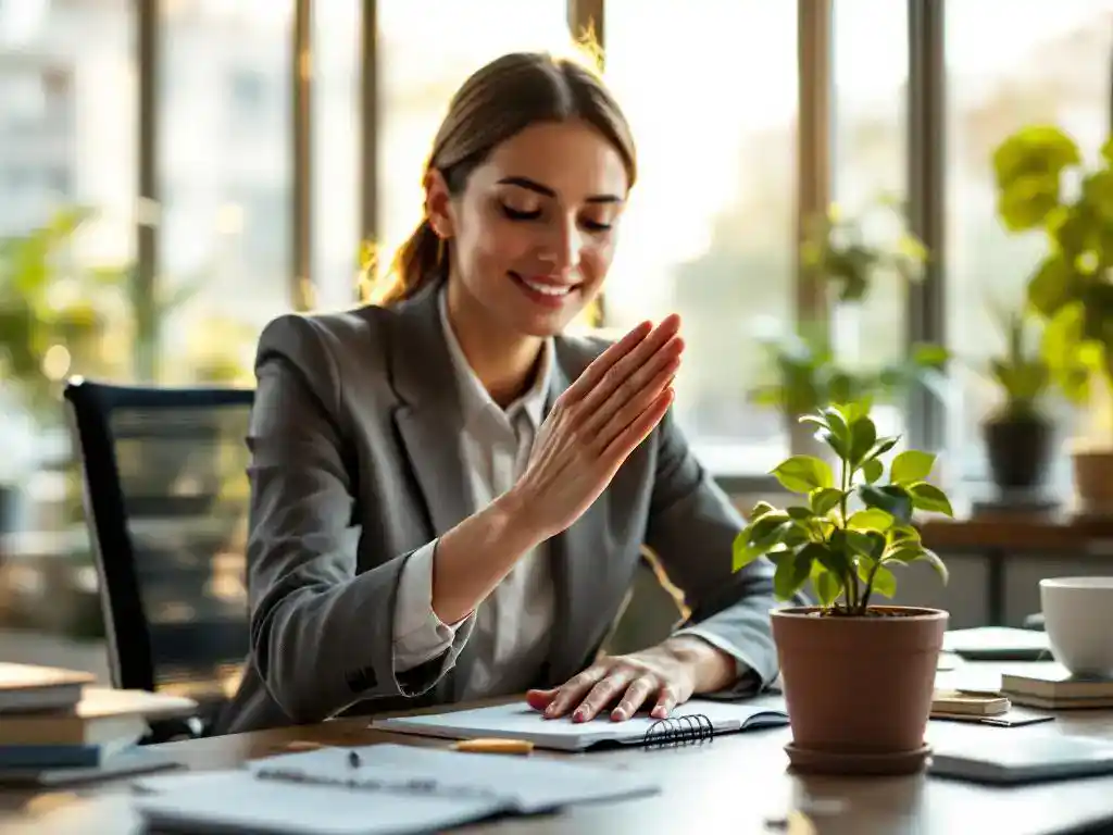 HR-manager beschermt plantje op bureau met welzijnspamfletten, symboliseert zorg voor werknemerswelzijn in modern kantoor