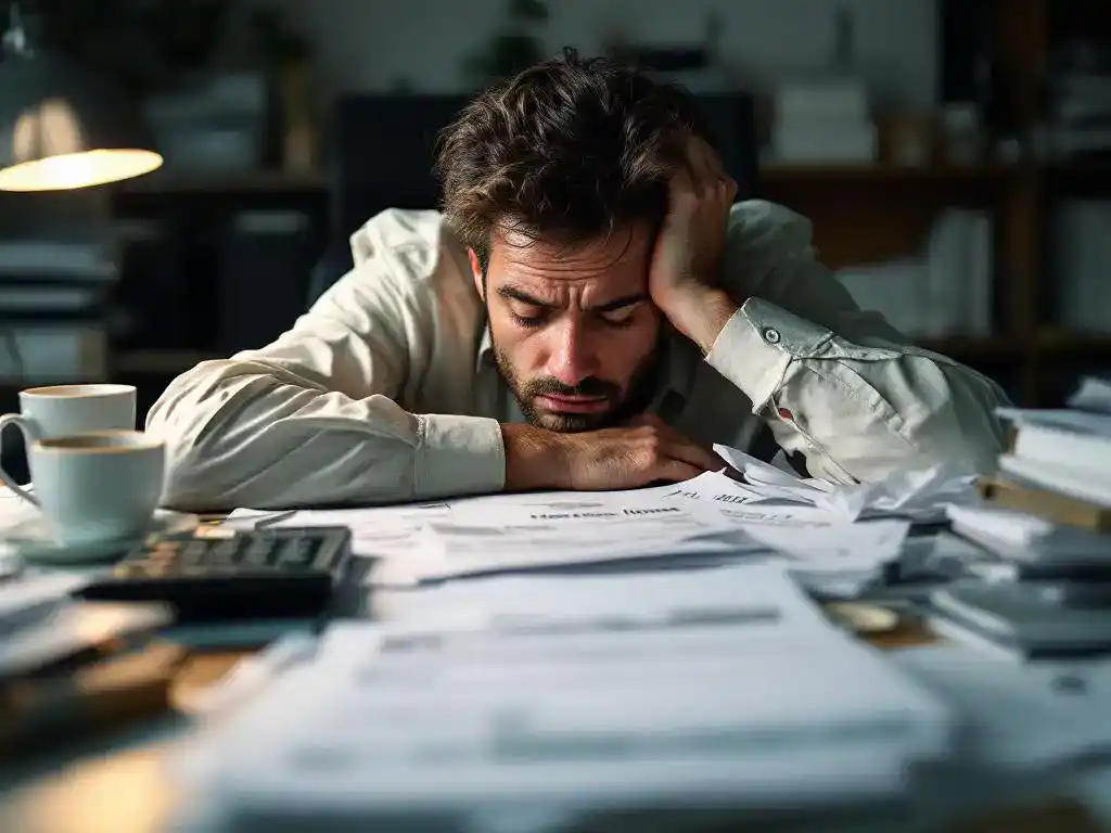 Uitgeputte kantoormedewerker gebogen over bureau vol medische rekeningen, lege koffiekopjes en financiële documenten