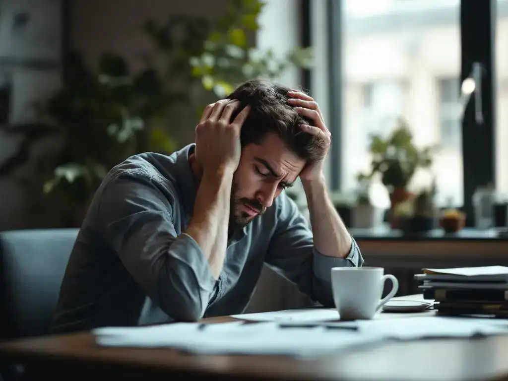 Uitgeputte kantoormedewerker met hoofd in handen aan bureau met koffie en papieren, tekenen van werkstress