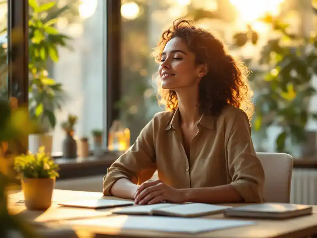 Kantoormedewerker neemt mindful pauze aan georganiseerd bureau met thee en plant bij raam met natuurlijk licht