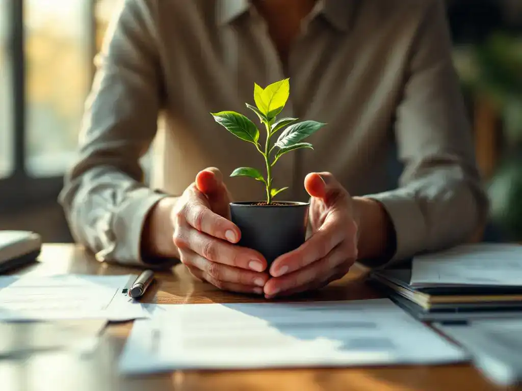 Kantoormedewerker beschermt kleine plant op bureau tussen documenten, gouden zonlicht door raam