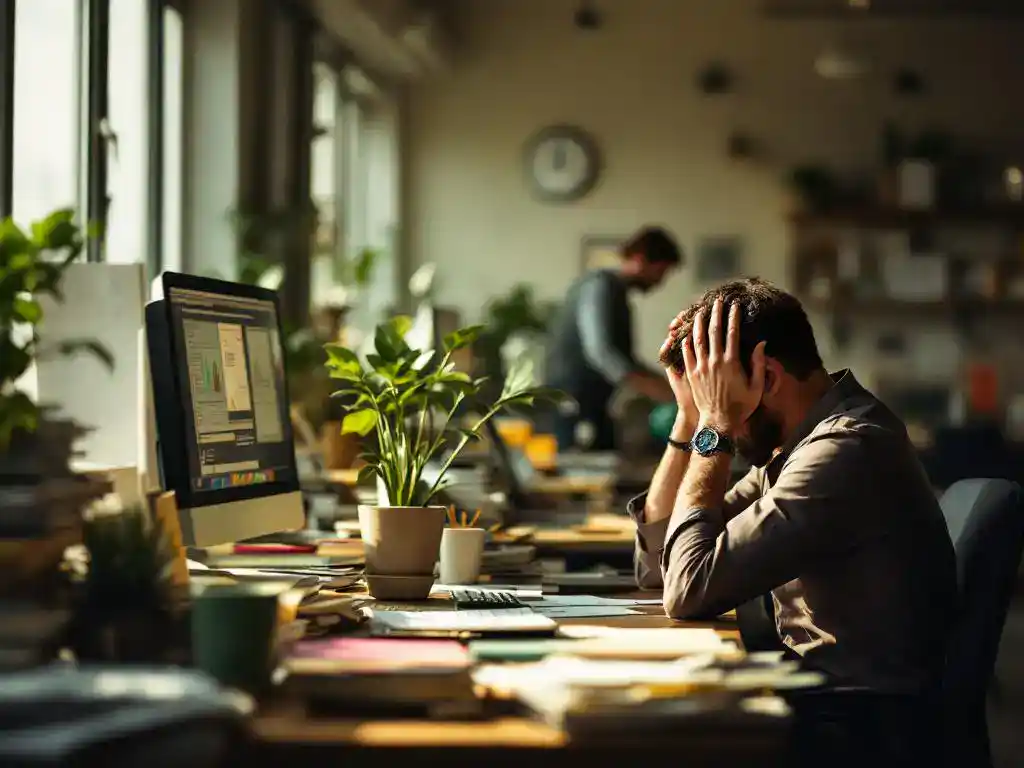 Gestresste kantoormedewerker met hoofd in handen aan rommelig bureau, collega verzorgt plant op georganiseerde werkplek
