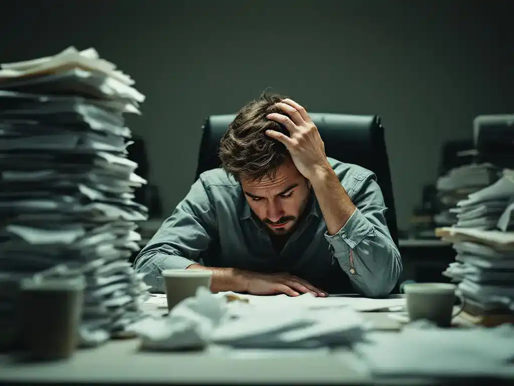 Uitgeputte kantoormedewerker met hoofd in handen bij bureau vol papierwerk en lege koffiekopjes