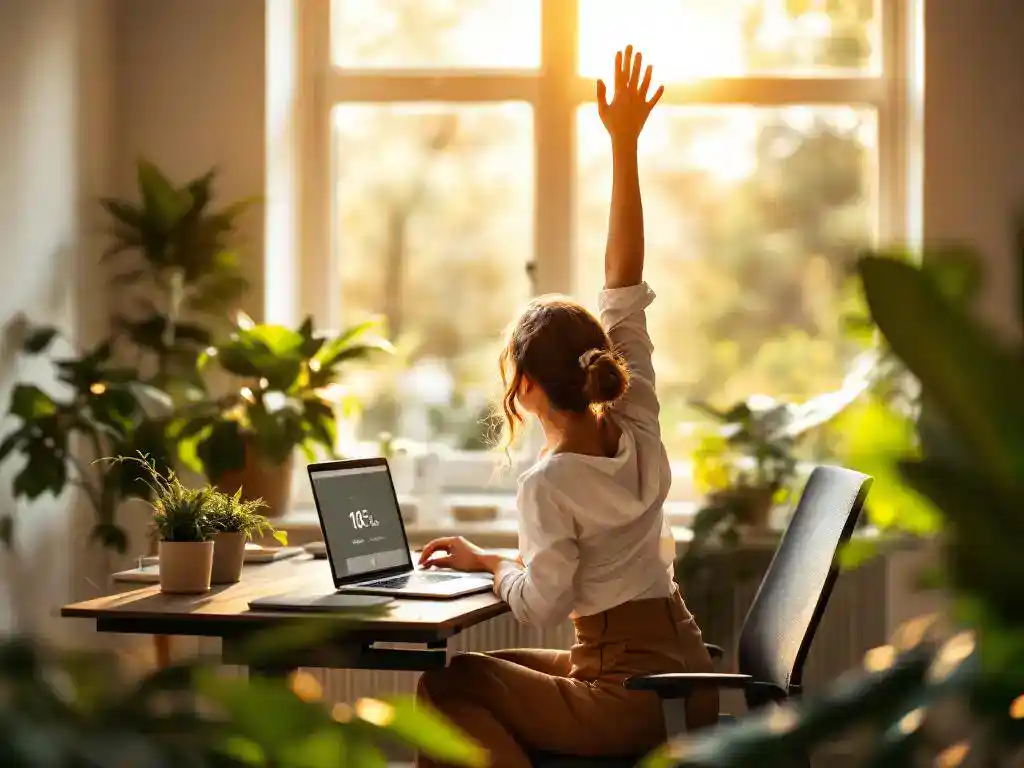 Kantoormedewerker strekt zich uit bij ergonomische staande bureau met laptop, groene planten en natuurlijk zonlicht