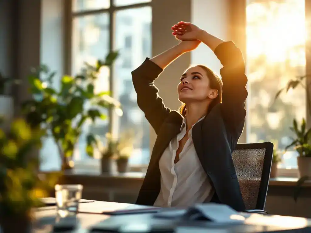 Professionele kantoormedewerker strekt zich uit aan bureau met plant en water, zonlicht door raam, werkplek welzijn