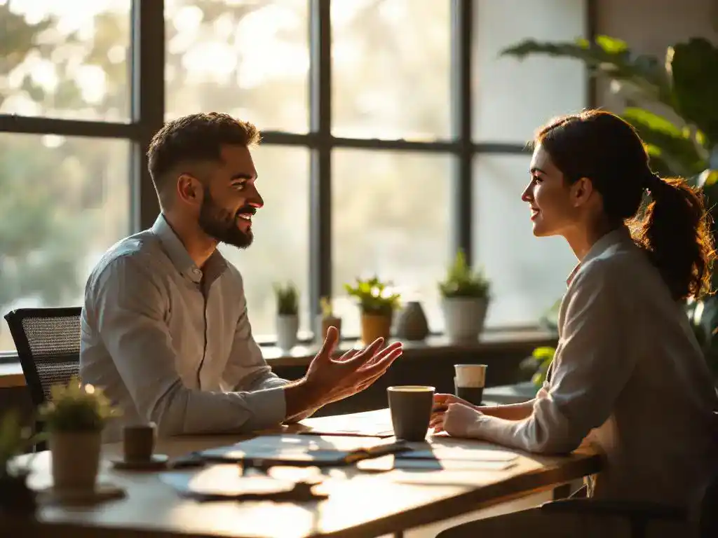 Manager en medewerker in ondersteunend gesprek aan modern bureau met plant en thee in warm kantoorlicht