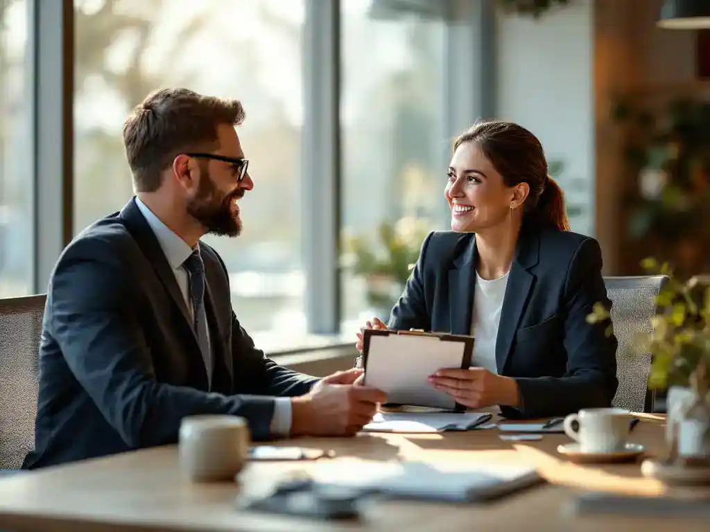 Manager en medewerker in ondersteunend gesprek aan kantoorbureau, manager houdt klembord vast, warme natuurlijke verlichting