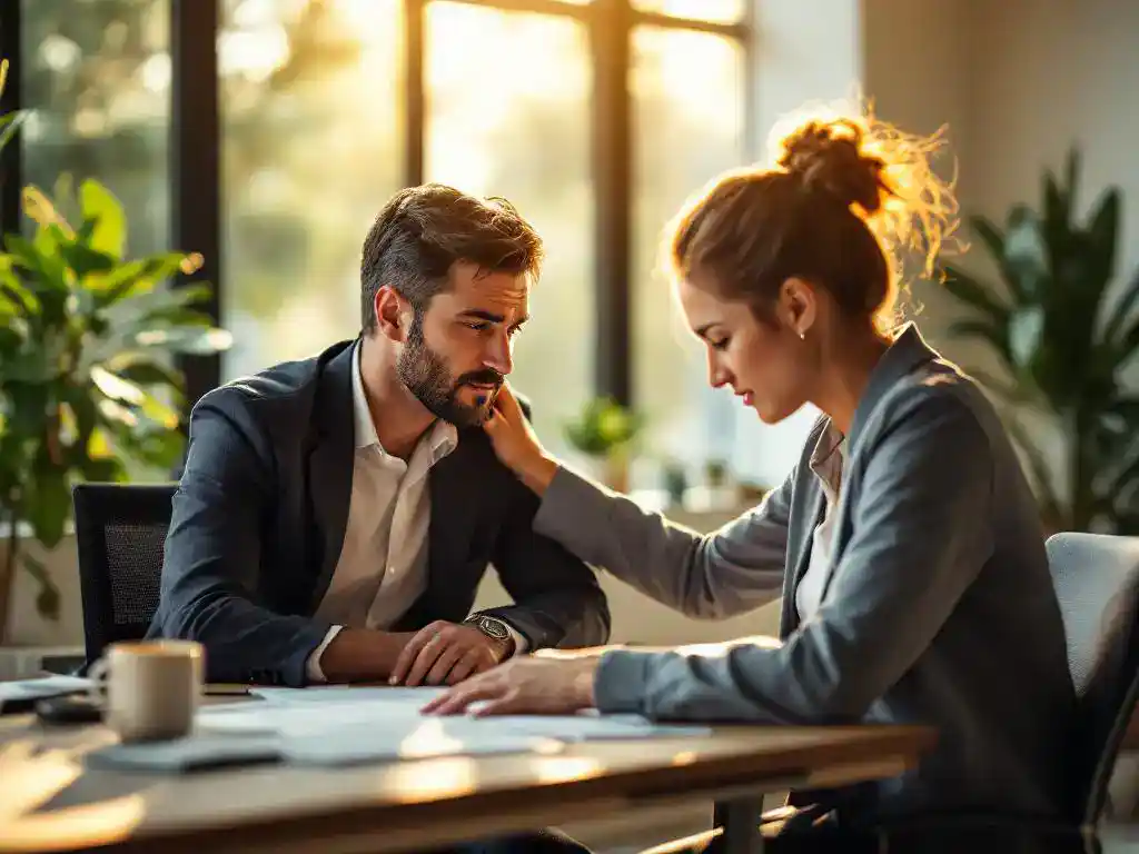 Manager biedt ondersteuning aan gestresste medewerker aan bureau in modern kantoor met natuurlijk licht