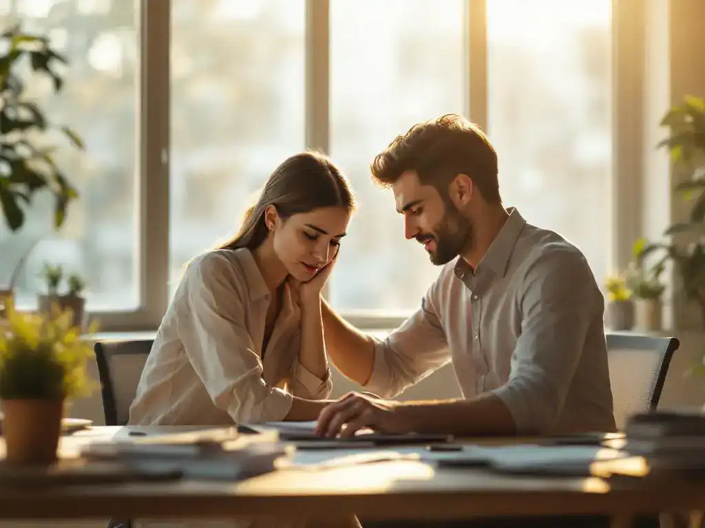 Manager biedt ondersteuning aan gestresste medewerker aan bureau in modern kantoor met natuurlijk licht