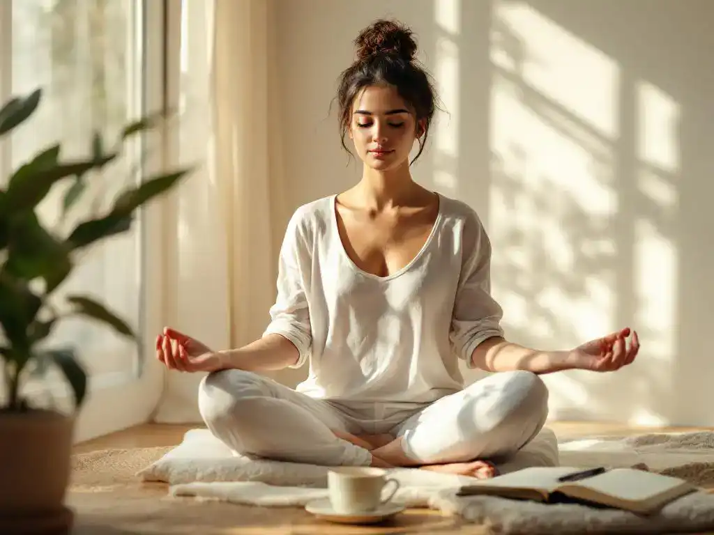 Persoon in meditatiepositie op kussen met plant, thee en dagboek in vredige kamer met natuurlijk licht