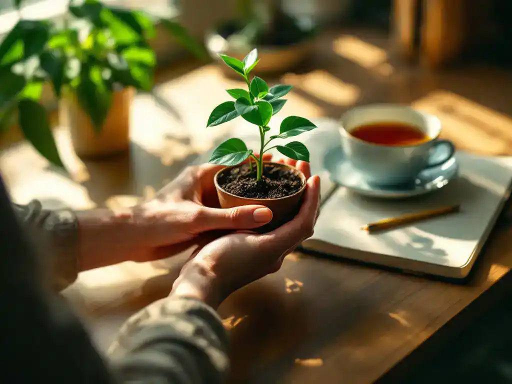 Handen houden kleine plant met groene bladeren vast op houten bureau naast notitieboek en thee bij raam
