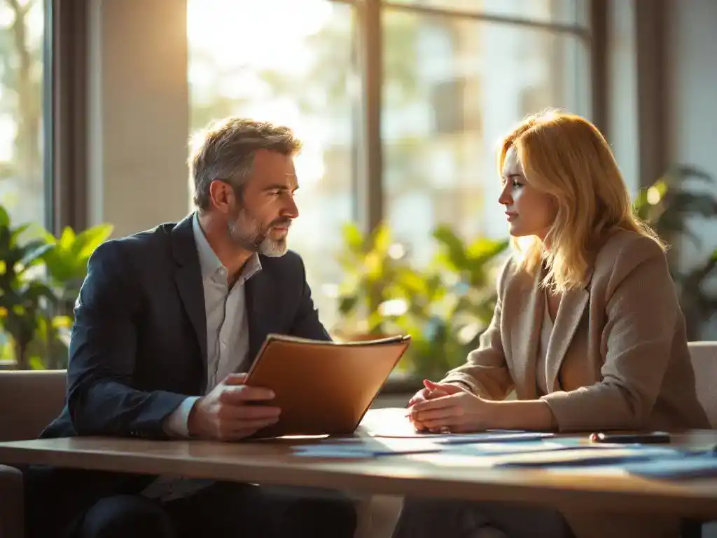 Professionele coach in gesprek met gestresste zakenman in moderne kantoor, certificeringsdocumenten zichtbaar