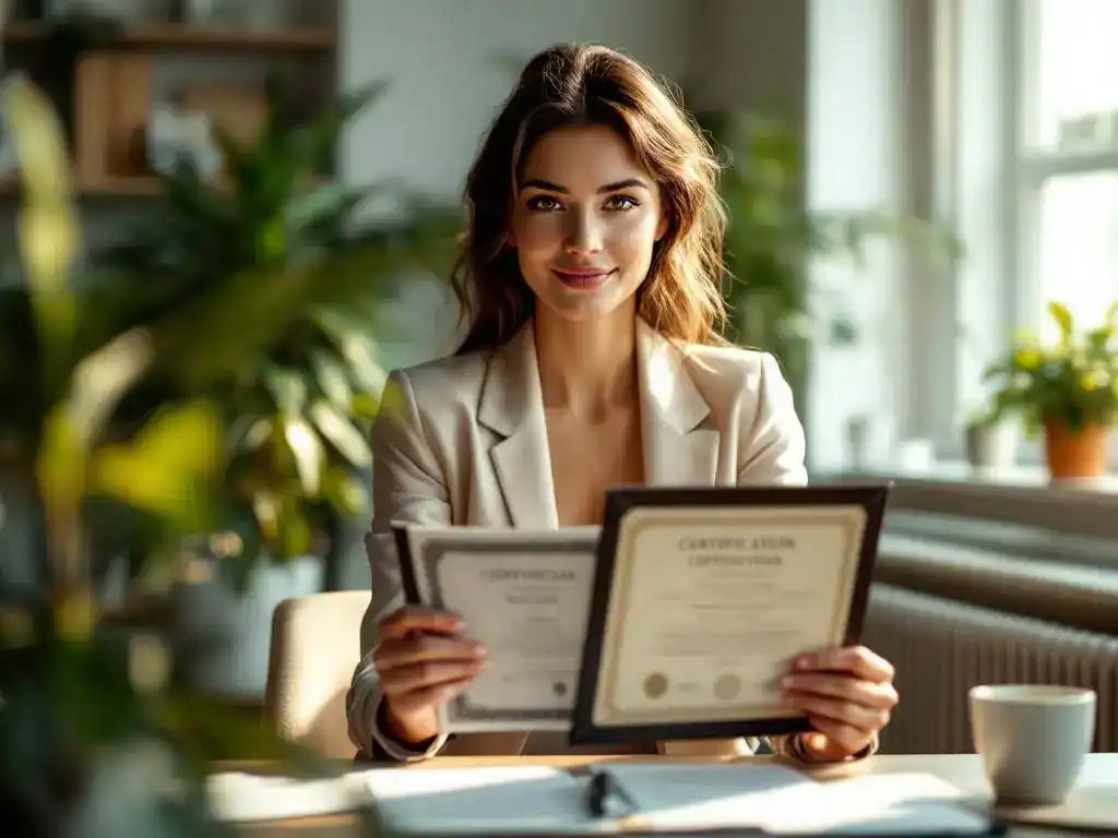 Professionele vrouw toont certificaten en diploma's aan moderne werkplek met natuurlijk licht
