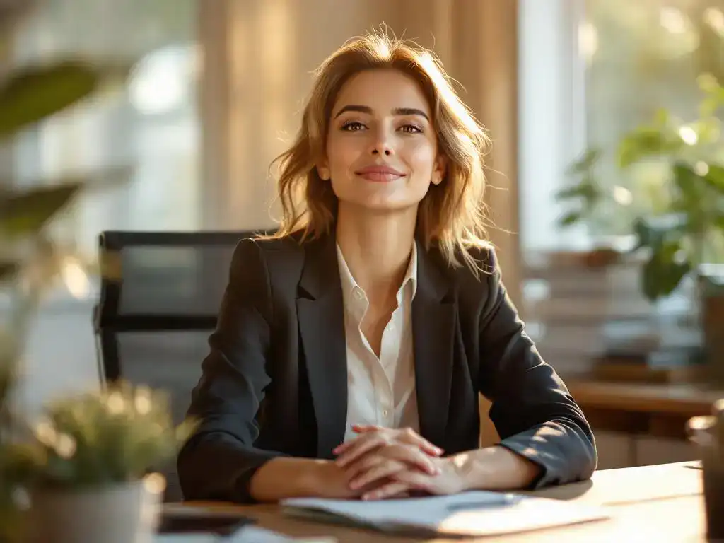 Professionele vrouw in zakelijke kleding zit ontspannen aan georganiseerd bureau met plant en documenten in natuurlijk licht
