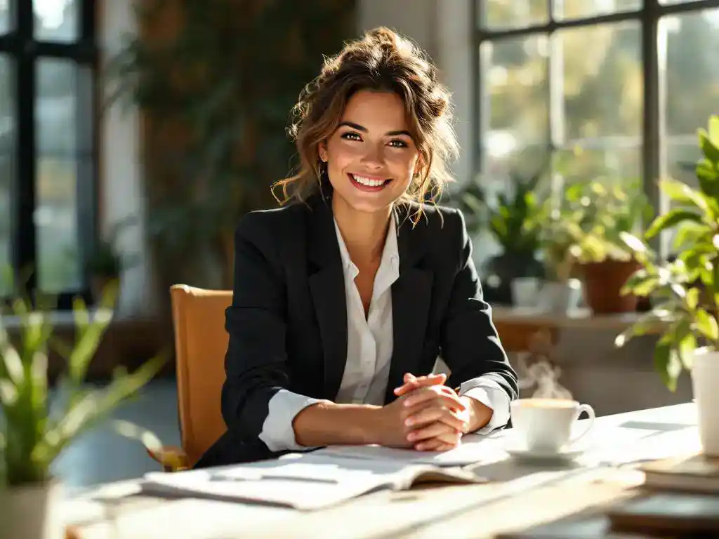 Professionele vrouw in zakelijke kleding zit ontspannen aan georganiseerd bureau met plant en thee bij raam