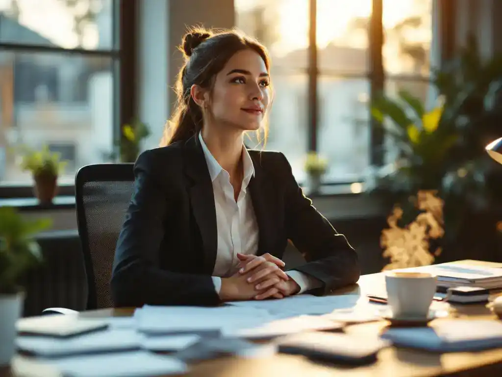 Professionele vrouw in kantoorkleding zit ontspannen aan modern bureau met koffie en plant in natuurlijk licht