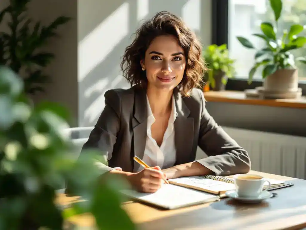 Professionele vrouw in pak zit kalm aan houten bureau met dagboek, plant en thee bij raam met natuurlijk licht