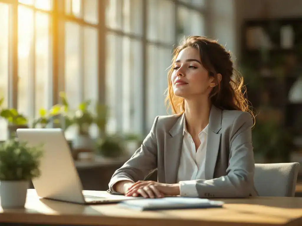 Professionele vrouw in pak zit ontspannen aan houten bureau in licht kantoor met plant en laptop, natuurlijk zonlicht