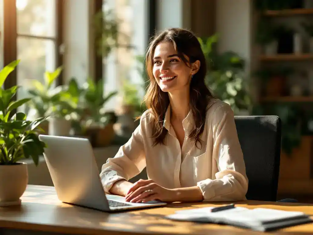 Professionele vrouw glimlacht tevreden aan georganiseerd houten bureau met laptop en groene plant bij raam