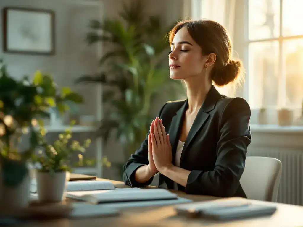 Professionele vrouw in pak mediteert aan georganiseerd bureau met plant, zachte natuurlijke verlichting door raam