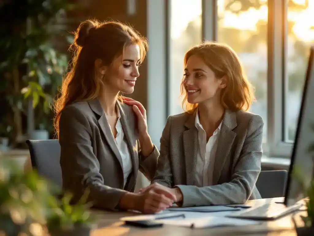 Professionele vrouw biedt ondersteuning aan collega op moderne werkplek met natuurlijk licht en planten