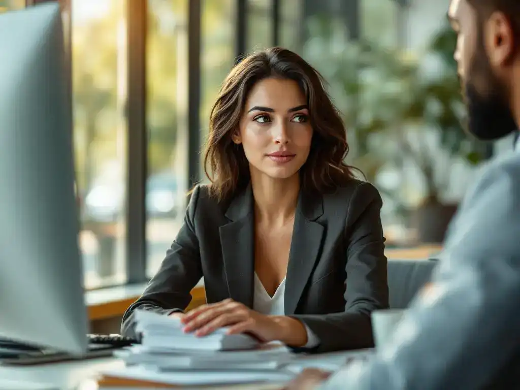 Professionele vrouw aan bureau met welzijnsfolder, empathische blik tijdens gesprek, natuurlijk licht kantoor