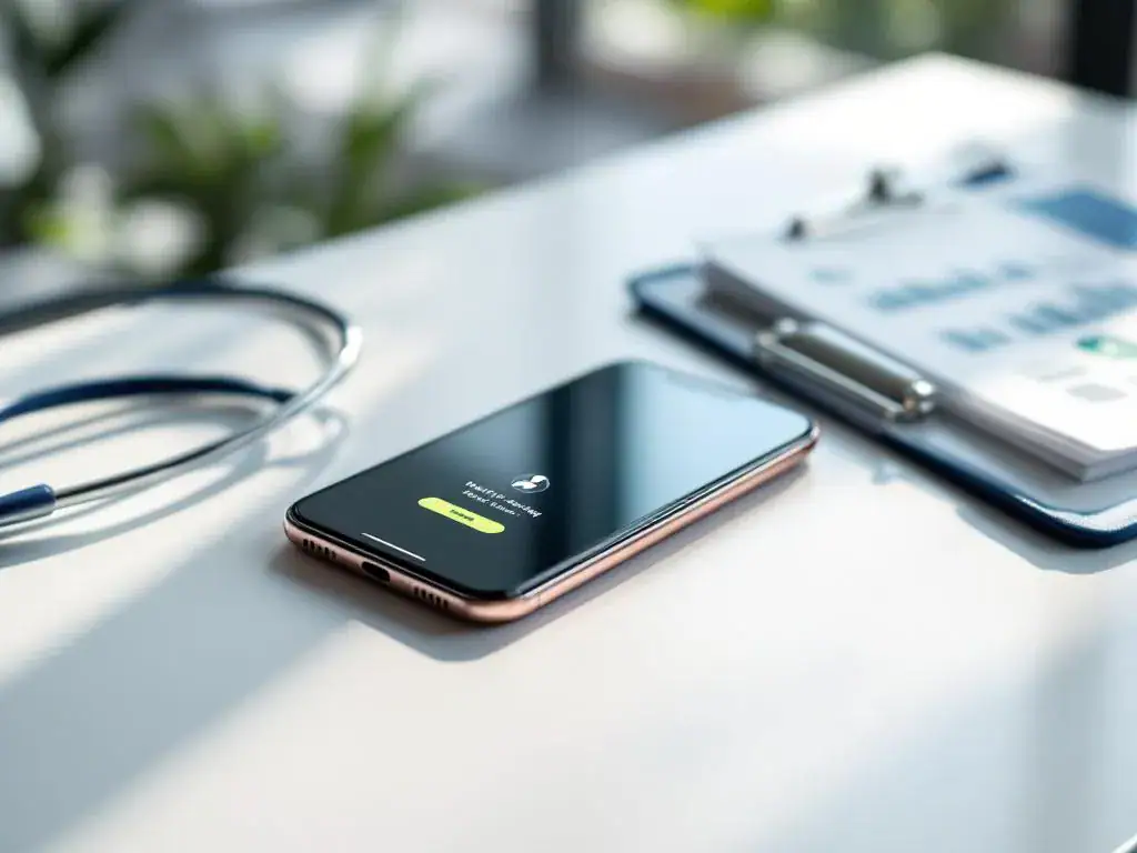 Smartphone met gezondheids-app op wit bureau naast stethoscoop en medische formulieren in doktersspreekkamer