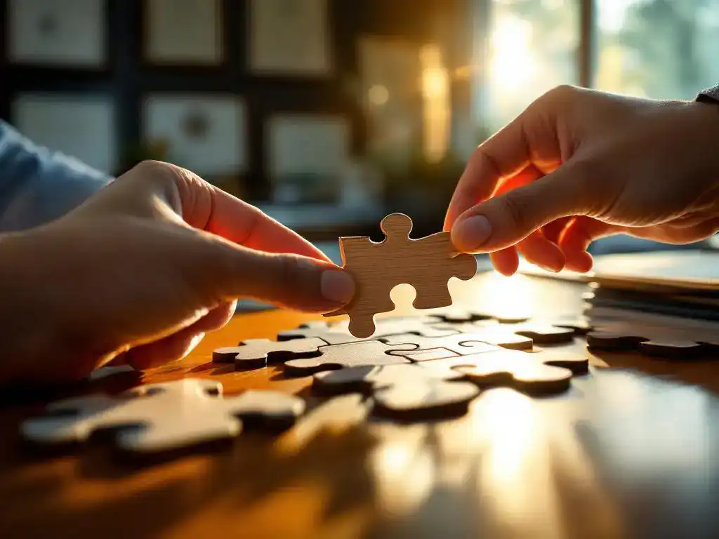 Therapeut houdt laatste puzzelstuk van menselijke silhouet op bureau met diploma's op achtergrond