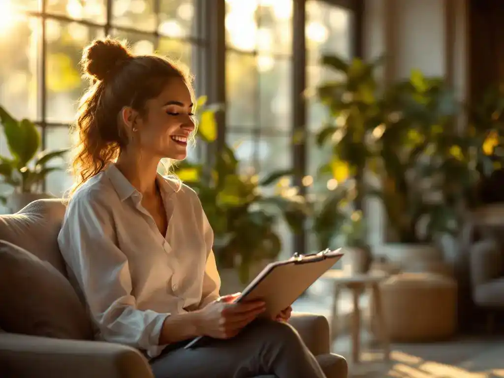 Professionele vrouw met klembord interviewt ontspannen deelnemer in moderne kantooromgeving met natuurlijk licht
